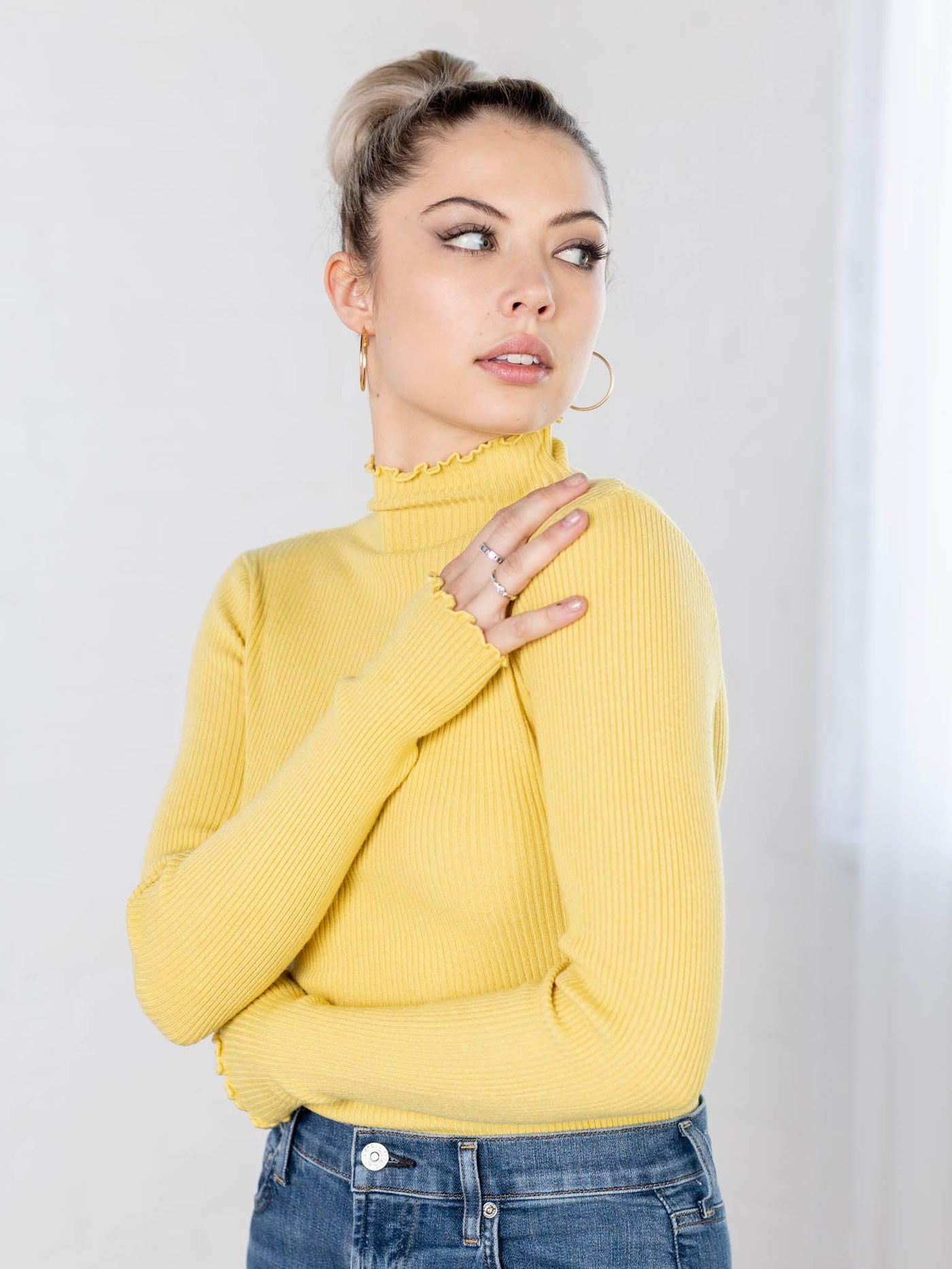 yellow fitted ribbed turtleneck