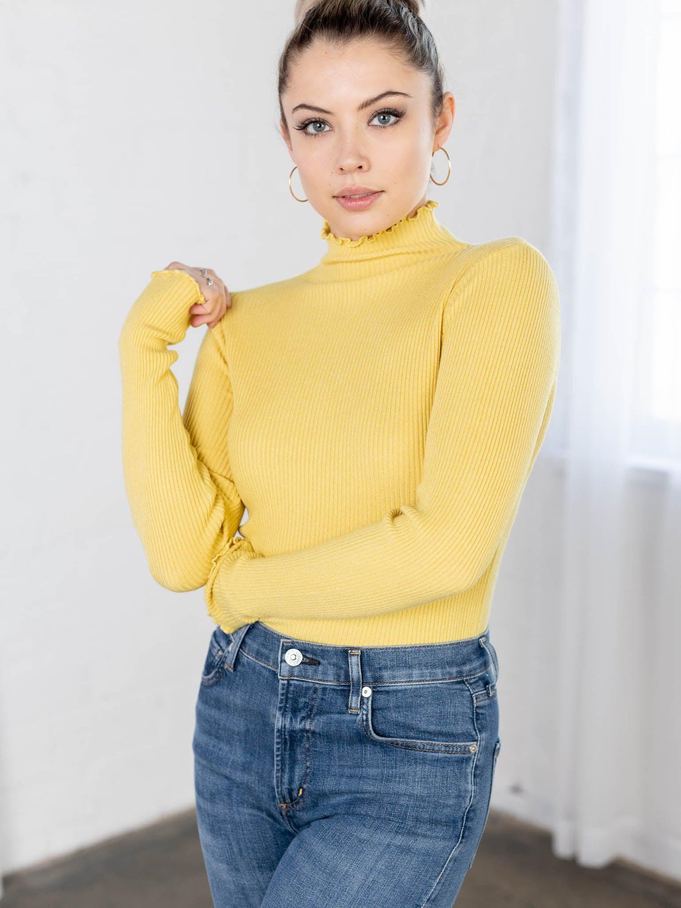yellow turtle neck top