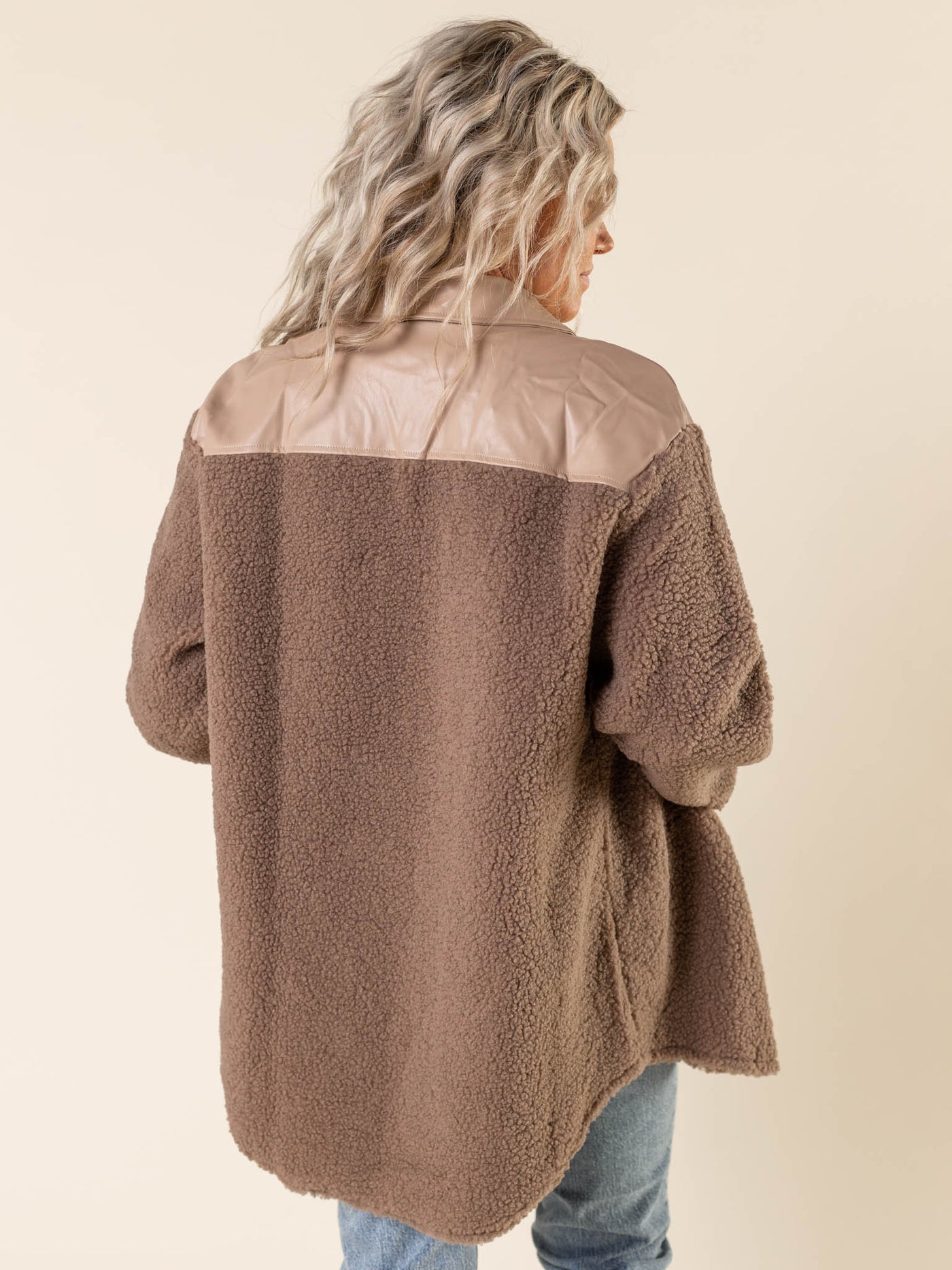 neutral multi fabric shacket