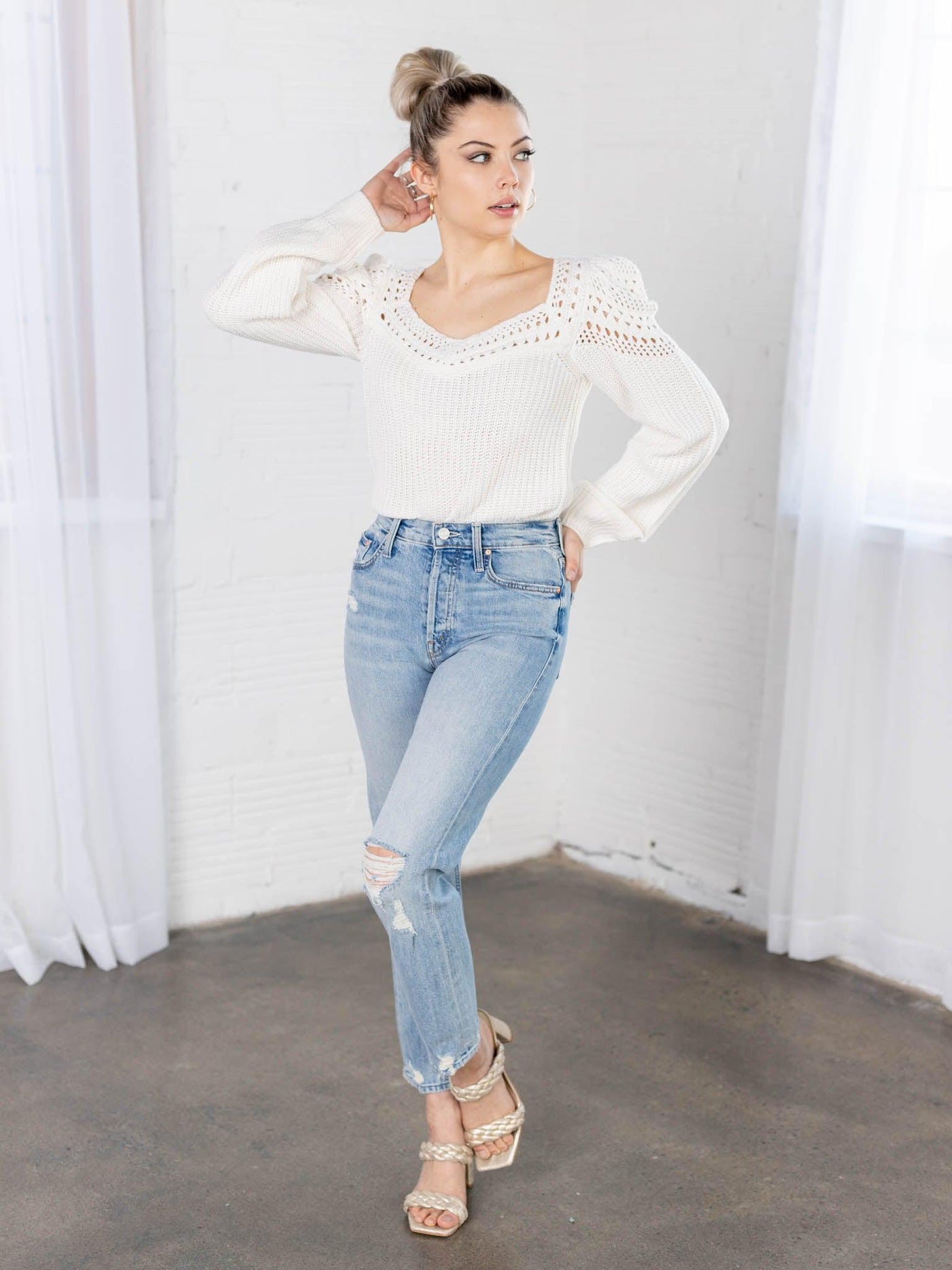 white crochet sleeve sweater saltwater luxe