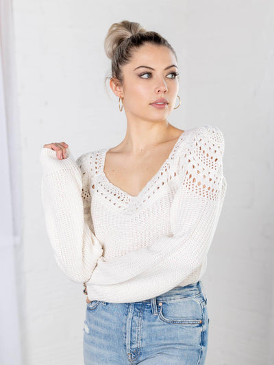 crochet shoulder white sweater top salwater luxe