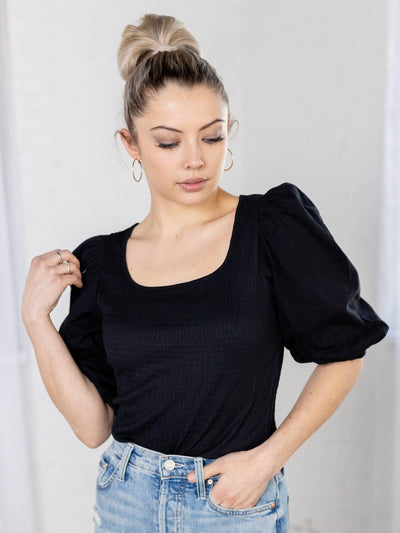 smocked black square neck puff sleeve top