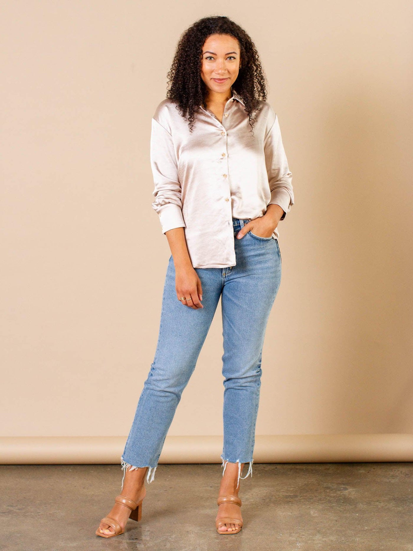 light neutral satin shirt