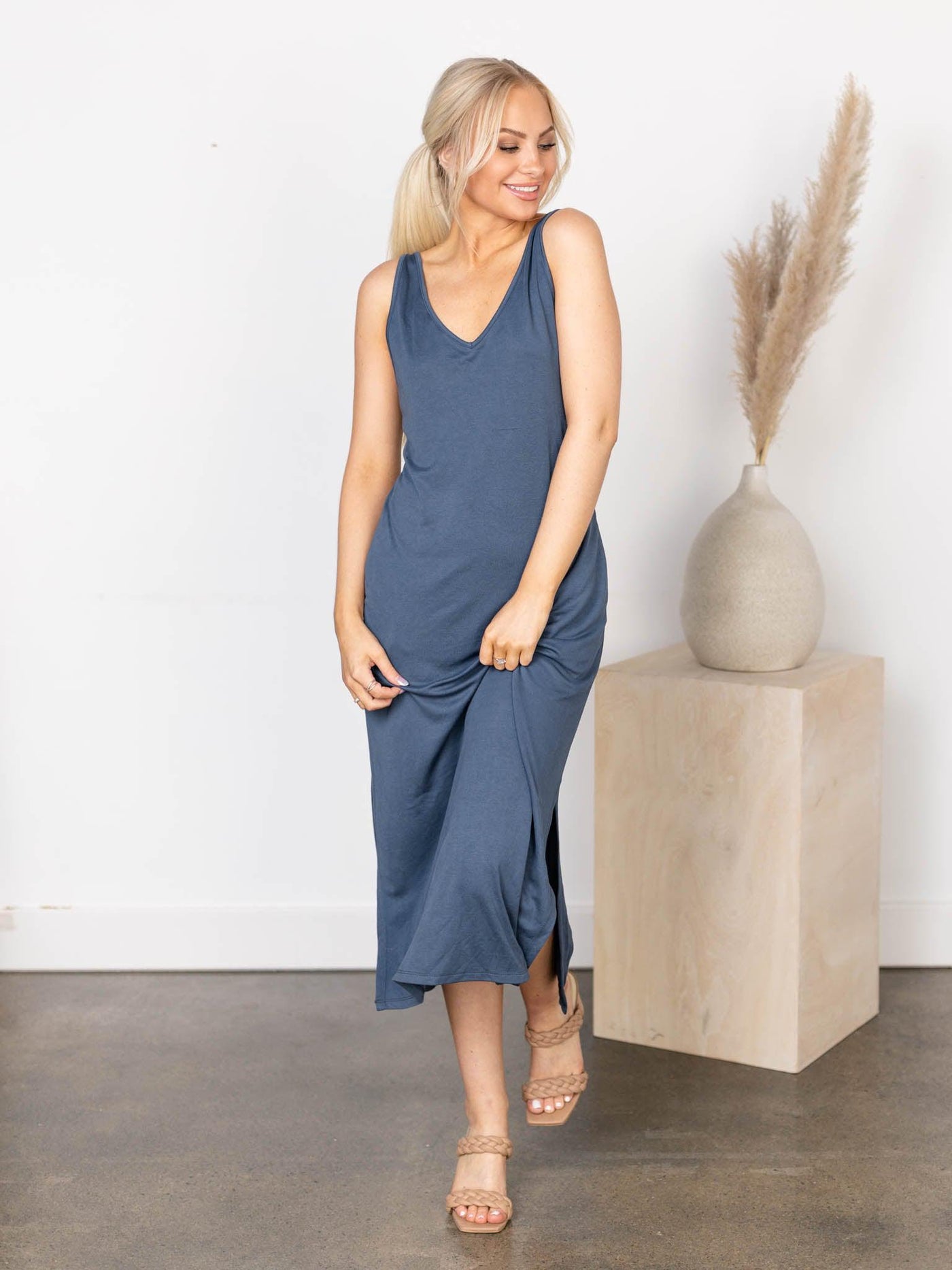 thin strap blue dress