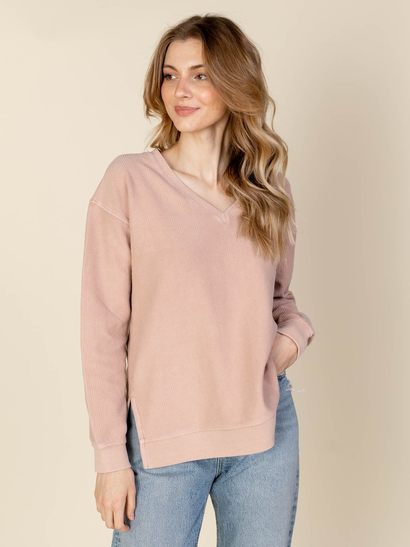 pink v neck ribbed sweatshirt