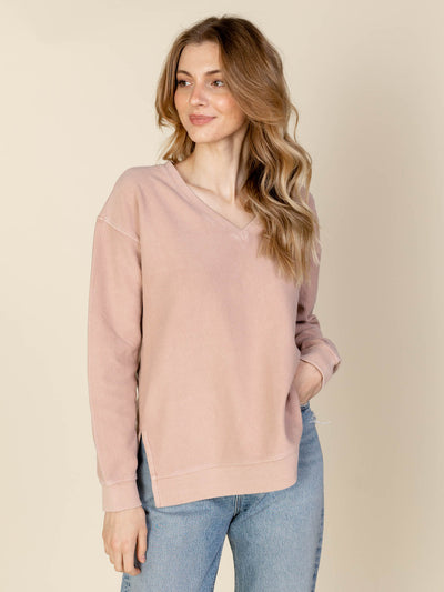 pink v neck ribbed sweatshirt
