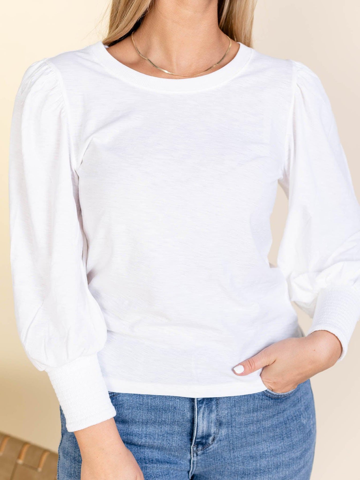 solid white knit puff sleeve top