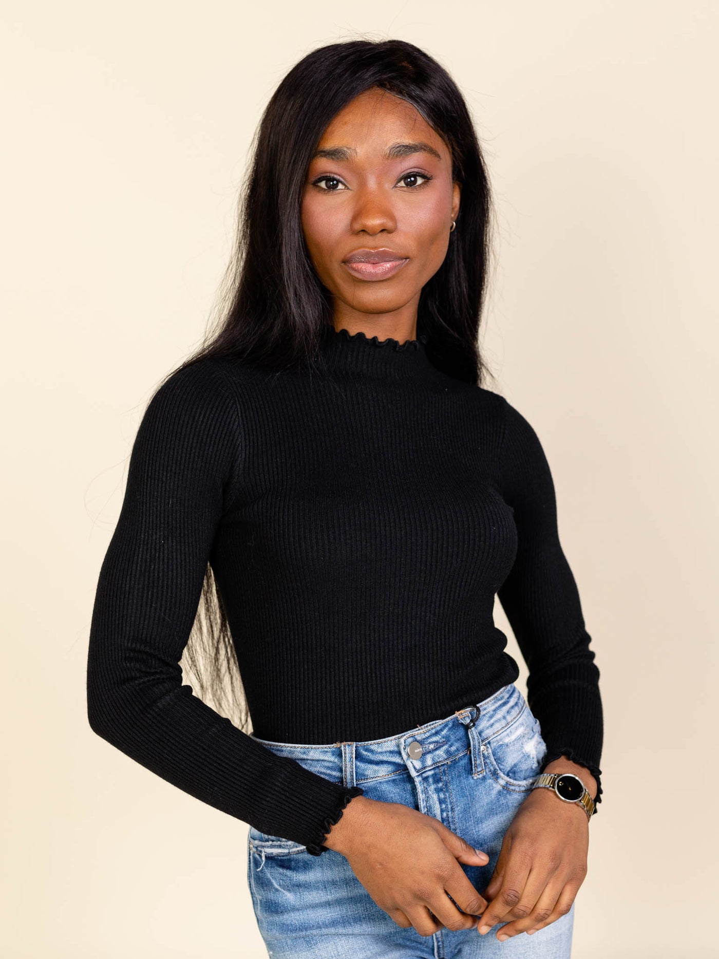 black mock neck sweater top