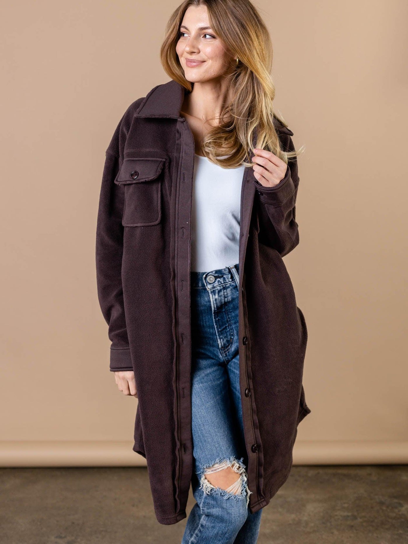 inside out contrast fabric shacket