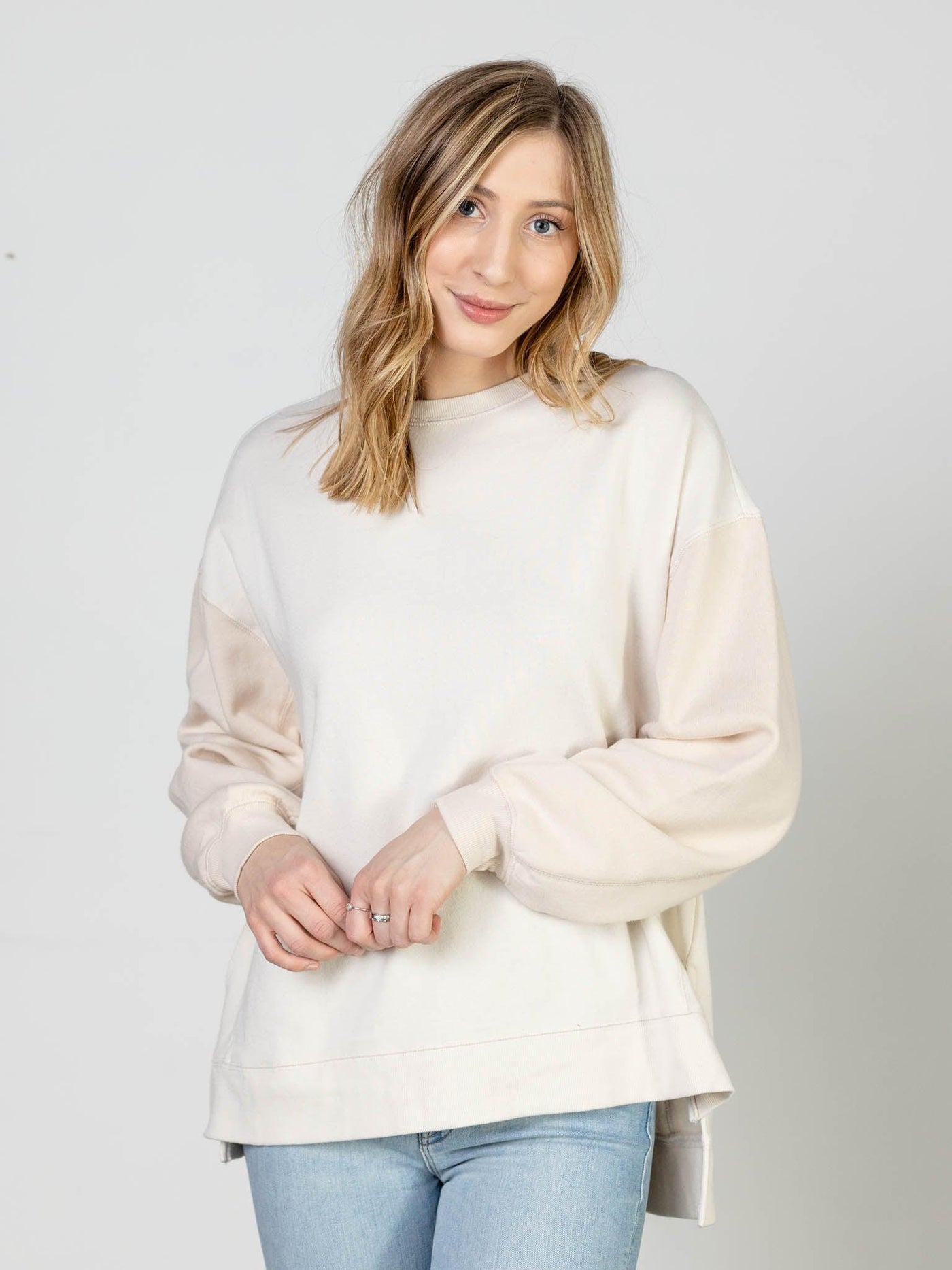 drop shoulder two tone sweater