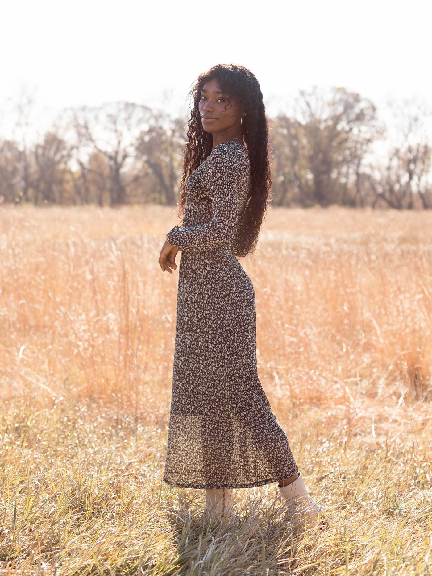 smocked bodice long sleeve dress