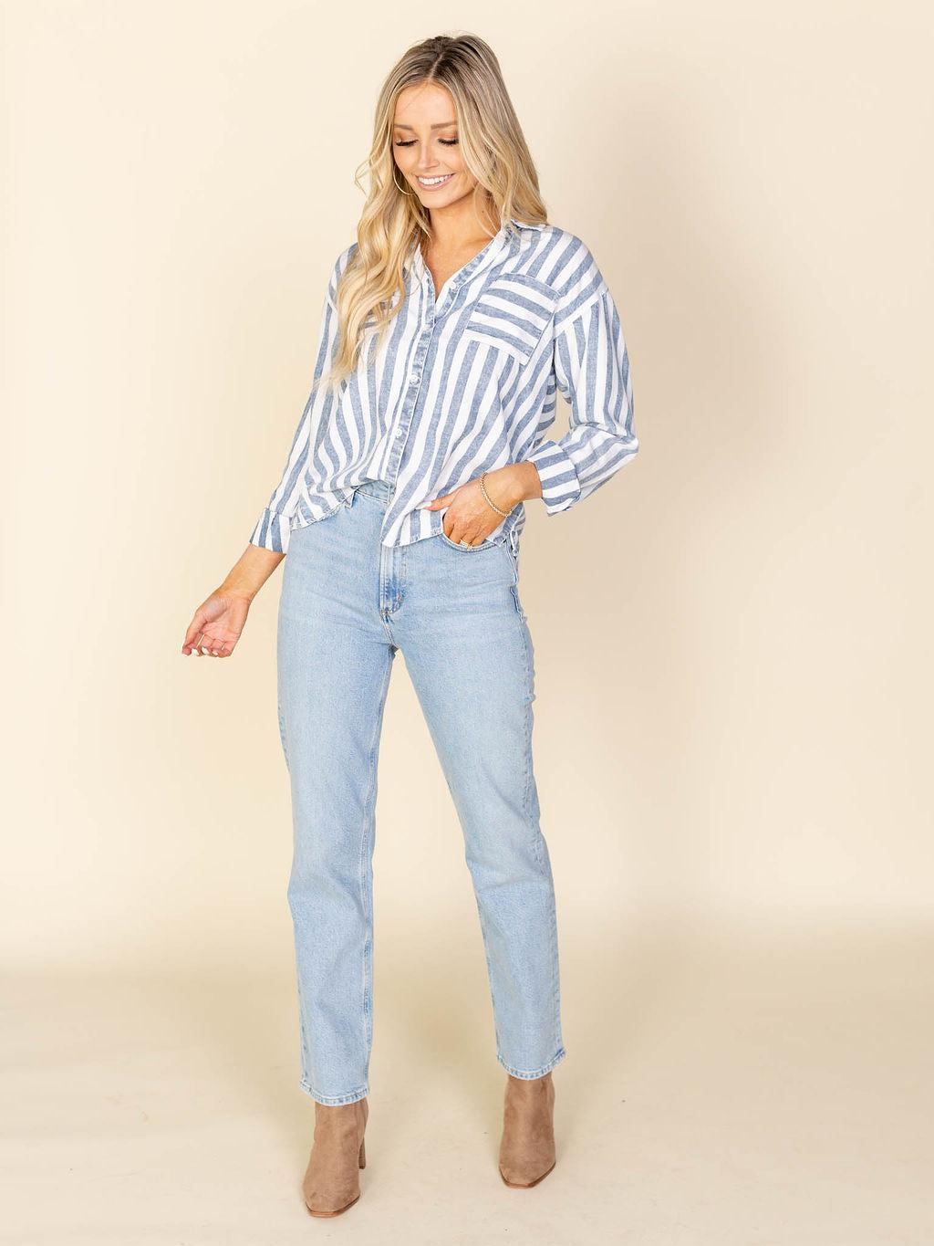 blue and white womens button down
