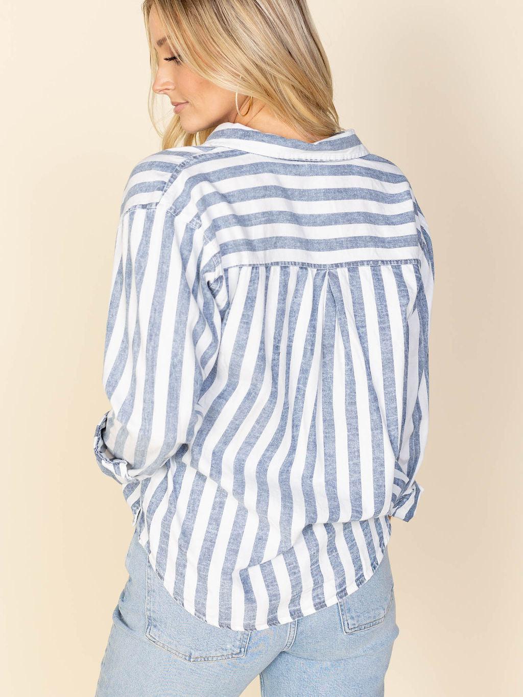 blye and white stripe thread and supply button up