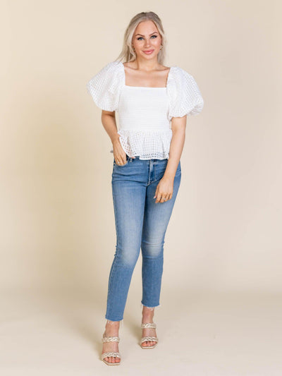 smocked bodice puff sleeve top