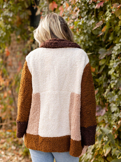 neutral color blocked shacket