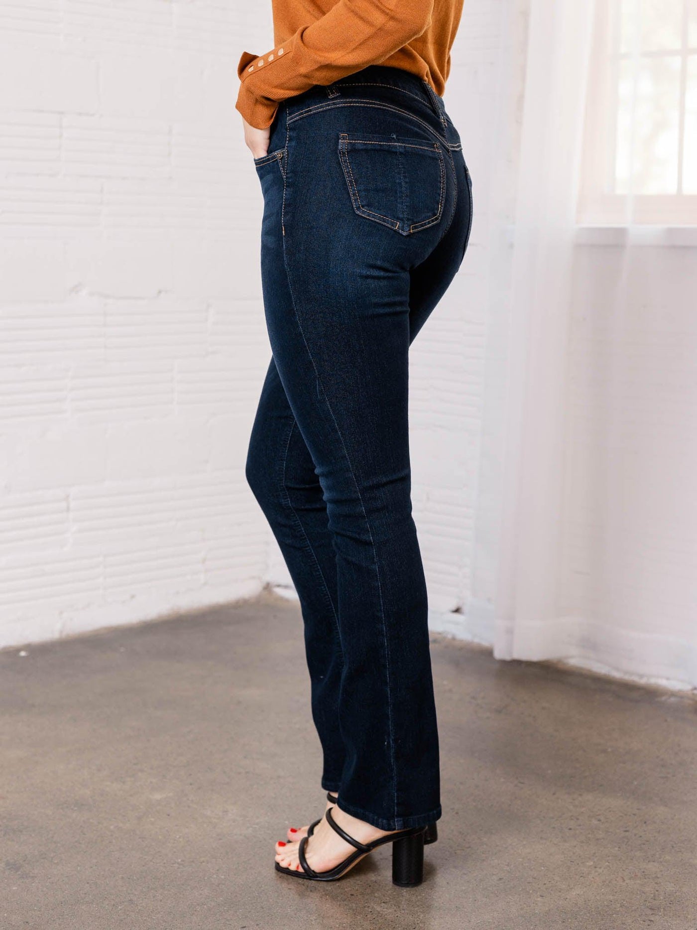 high rise dark rinse jeans