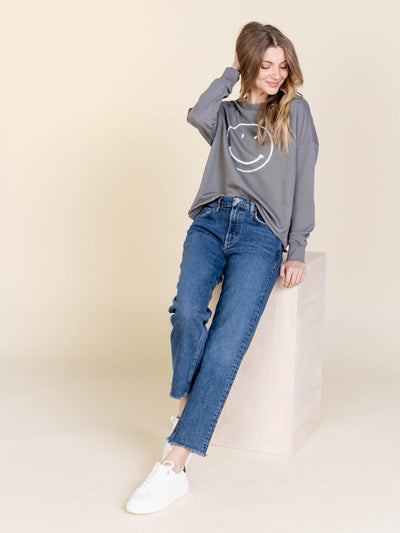 textured smiley face pullover
