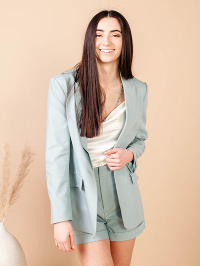 mint green open front blazer