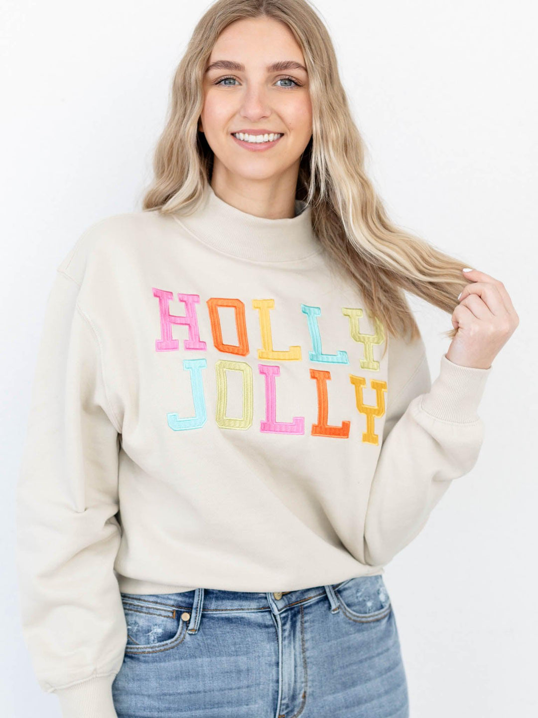 Gameday Social-Holly Jolly Mock Embroid Sweatshirt - Leela and Lavender