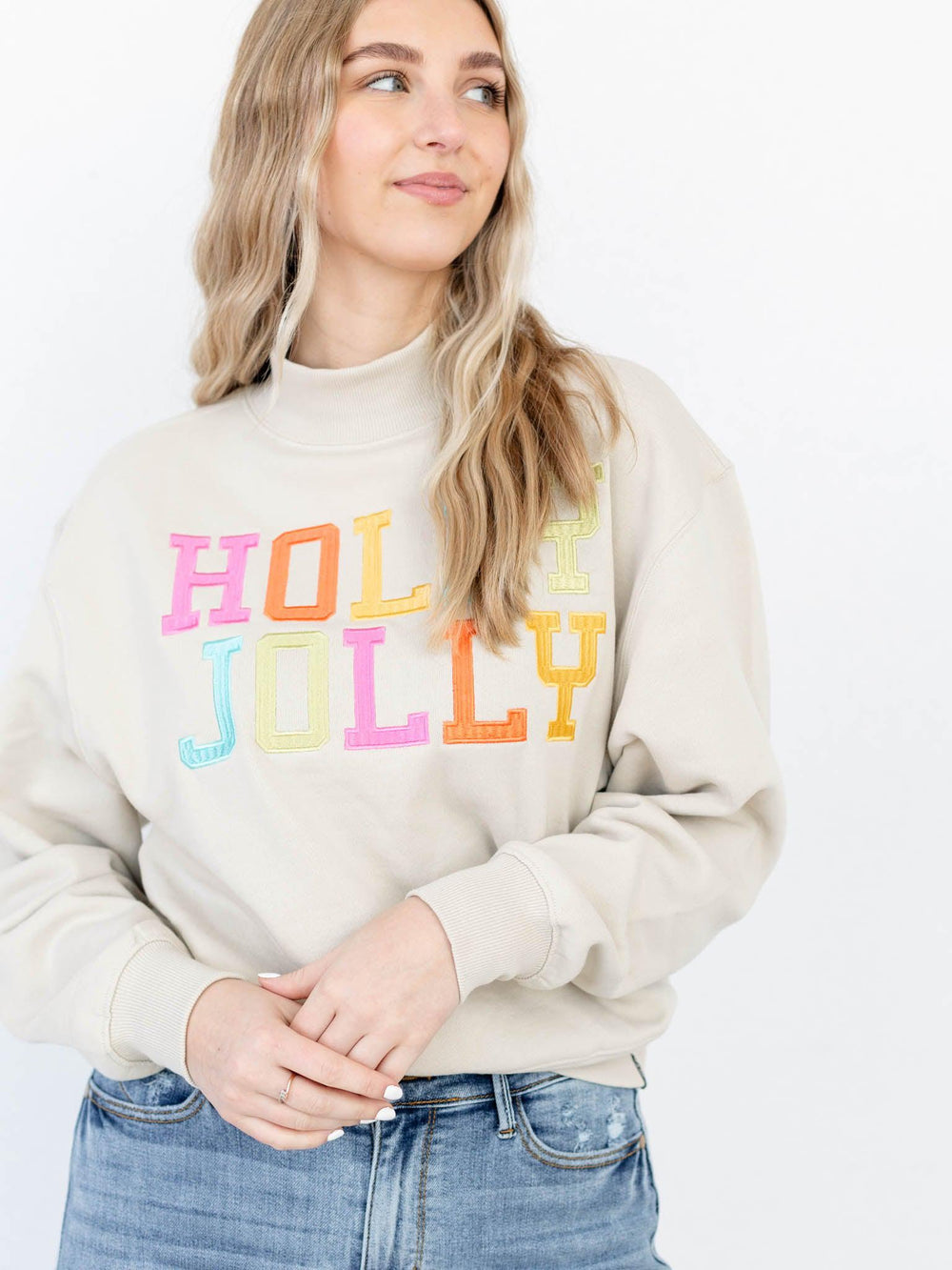 Gameday Social-Holly Jolly Mock Embroid Sweatshirt - Leela and Lavender