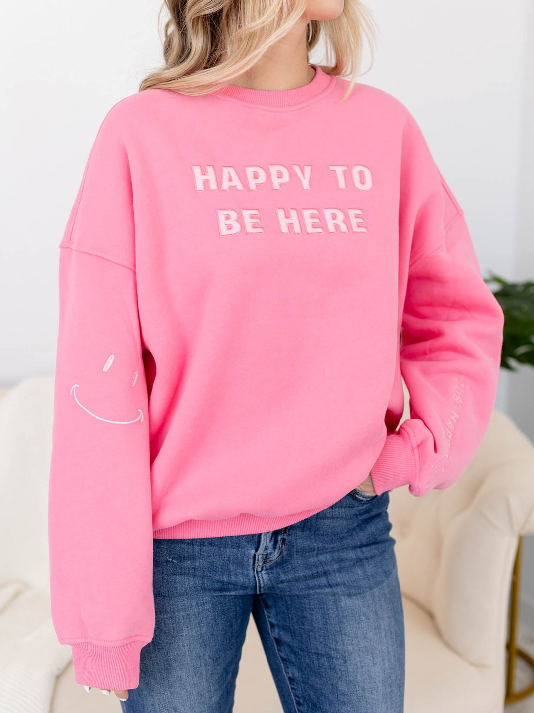 I Am Just Happy To Be Here Embroidered CrewScreen tees
