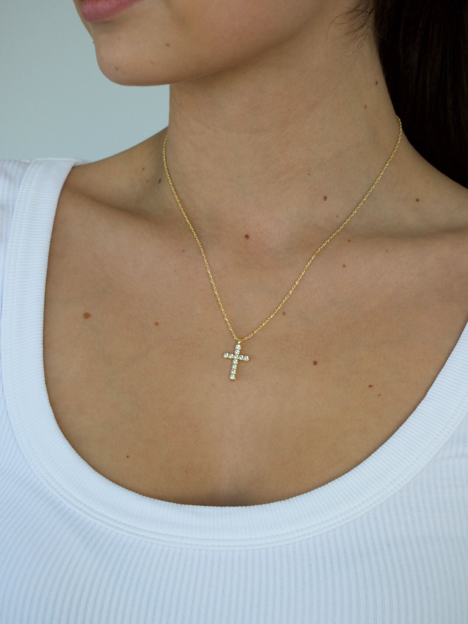 Kendra Scott Cross Gold Pendant Necklace Layering Set in White Crystal |  The Summit at Fritz Farm