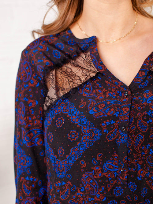 Love stitch-Lace Inset Split Neck Button Front Top - Leela and Lavender