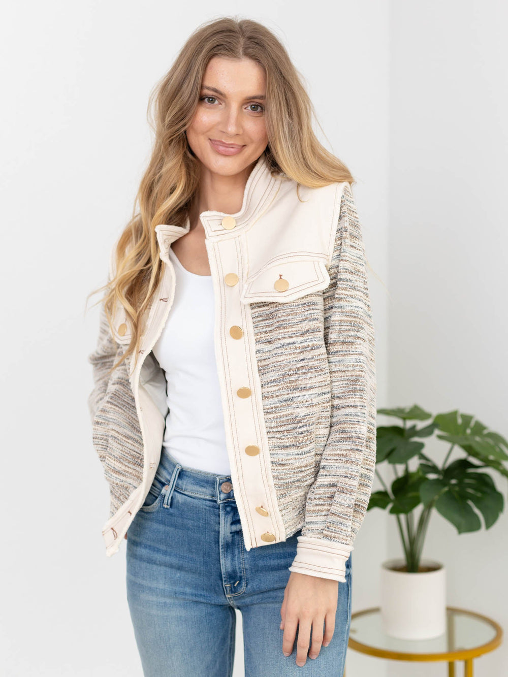 Liverpool-Liverpool Cropped Denim Mixed Boucle Jacket - Leela and Lavender