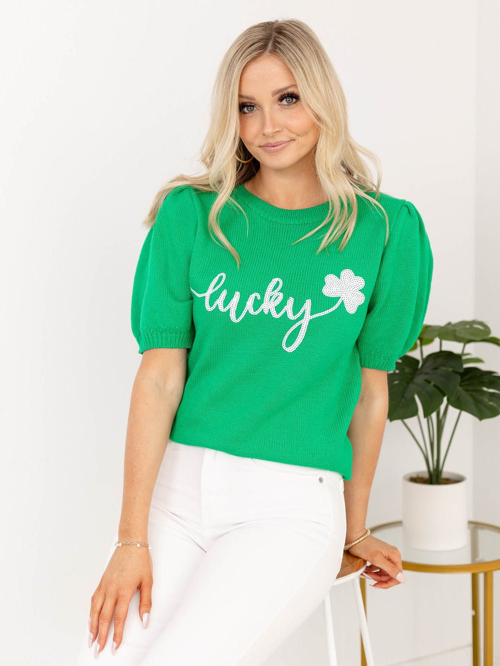Lucky Sequins Embroidered Short Sleeve KnitScreen tees