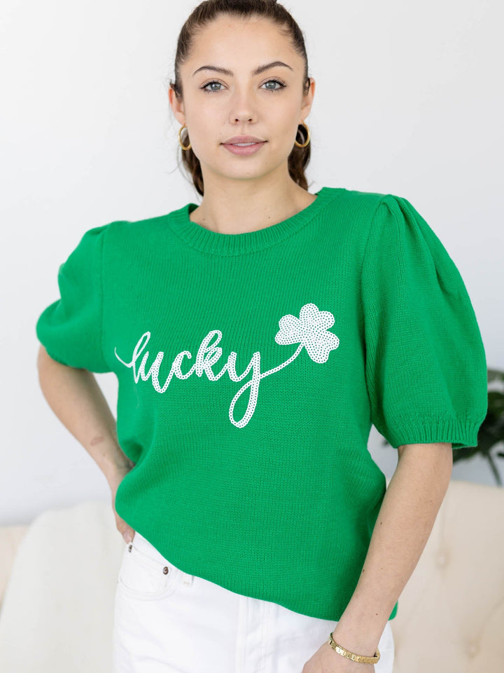 Lucky Sequins Embroidered Short Sleeve KnitScreen tees
