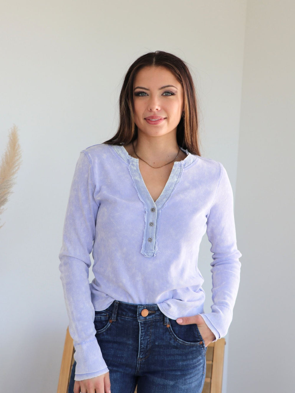 Mystree-Mystree Washed Out Thermal Henley Top - Leela and Lavender