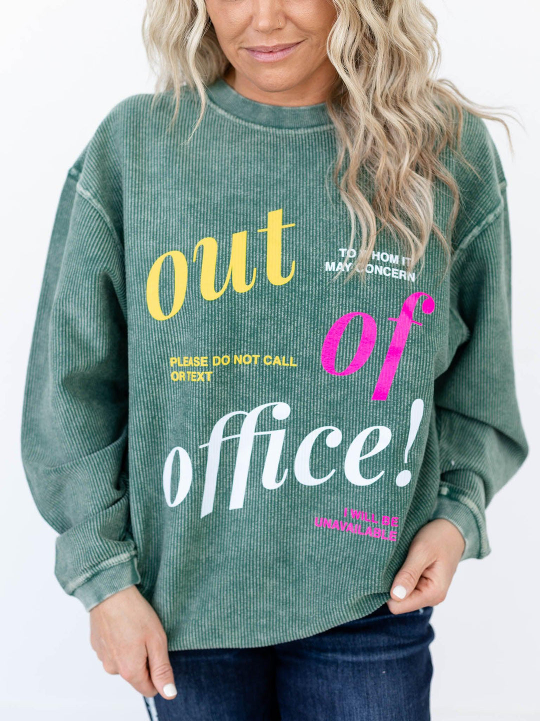 Friday + Saturday-Out of Office Olive Corded Sweatshirt - Leela and Lavender