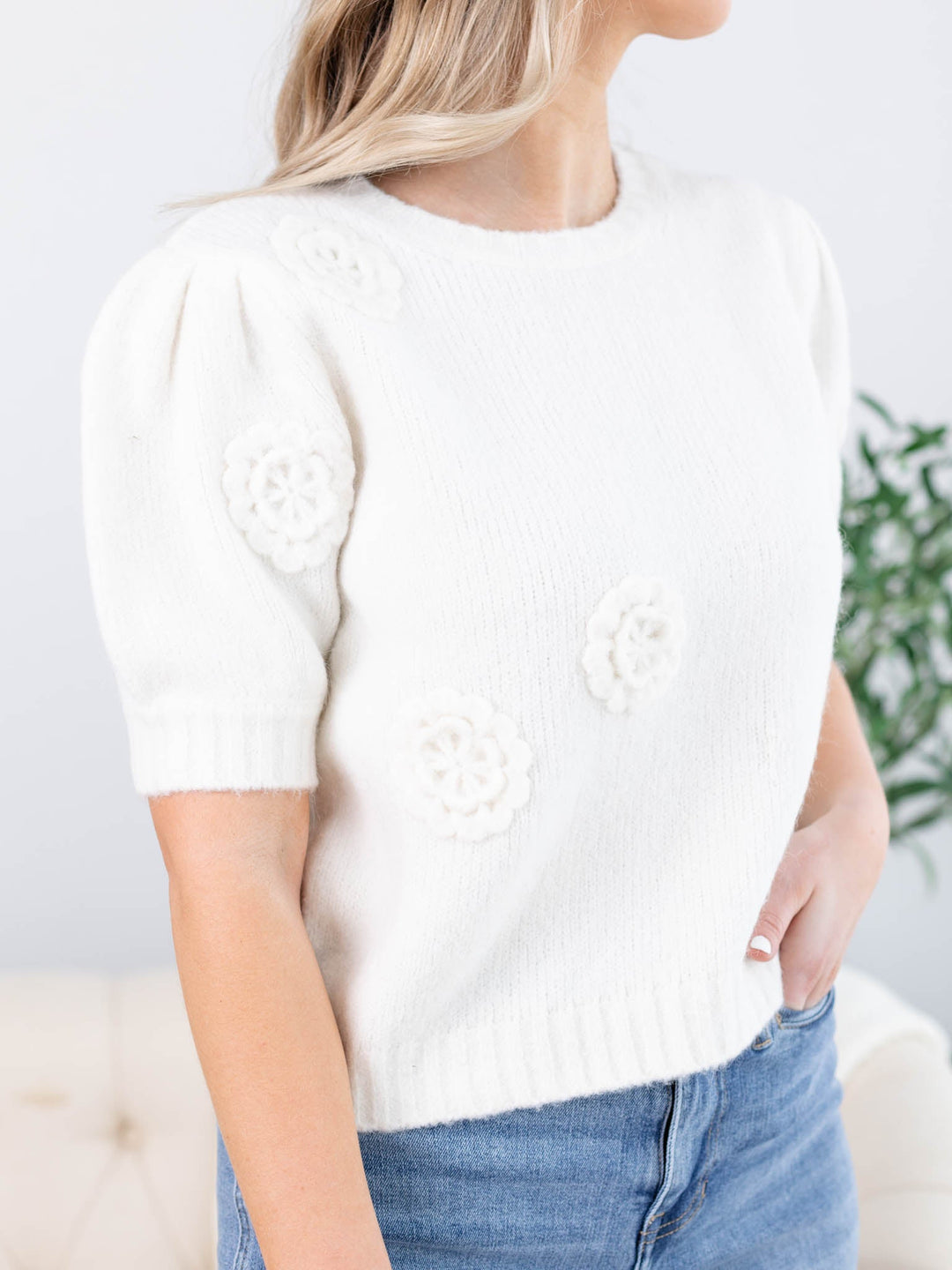 La La Mia-Puff Shoulder Floral Knit Sweater - Leela and Lavender