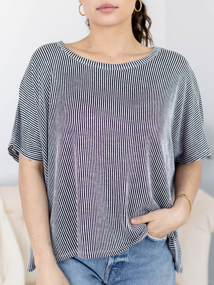 Ribbed Striped Oversized Short Sleeve TopKnit tops