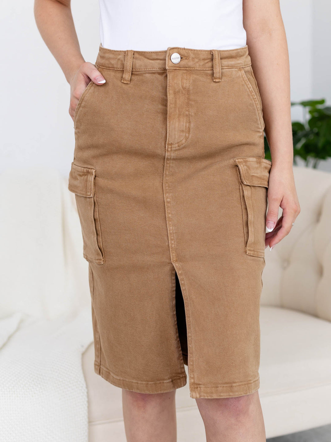 RISEN High Rise Midi Cargo SkirtNon-Denim Shorts/Skirts