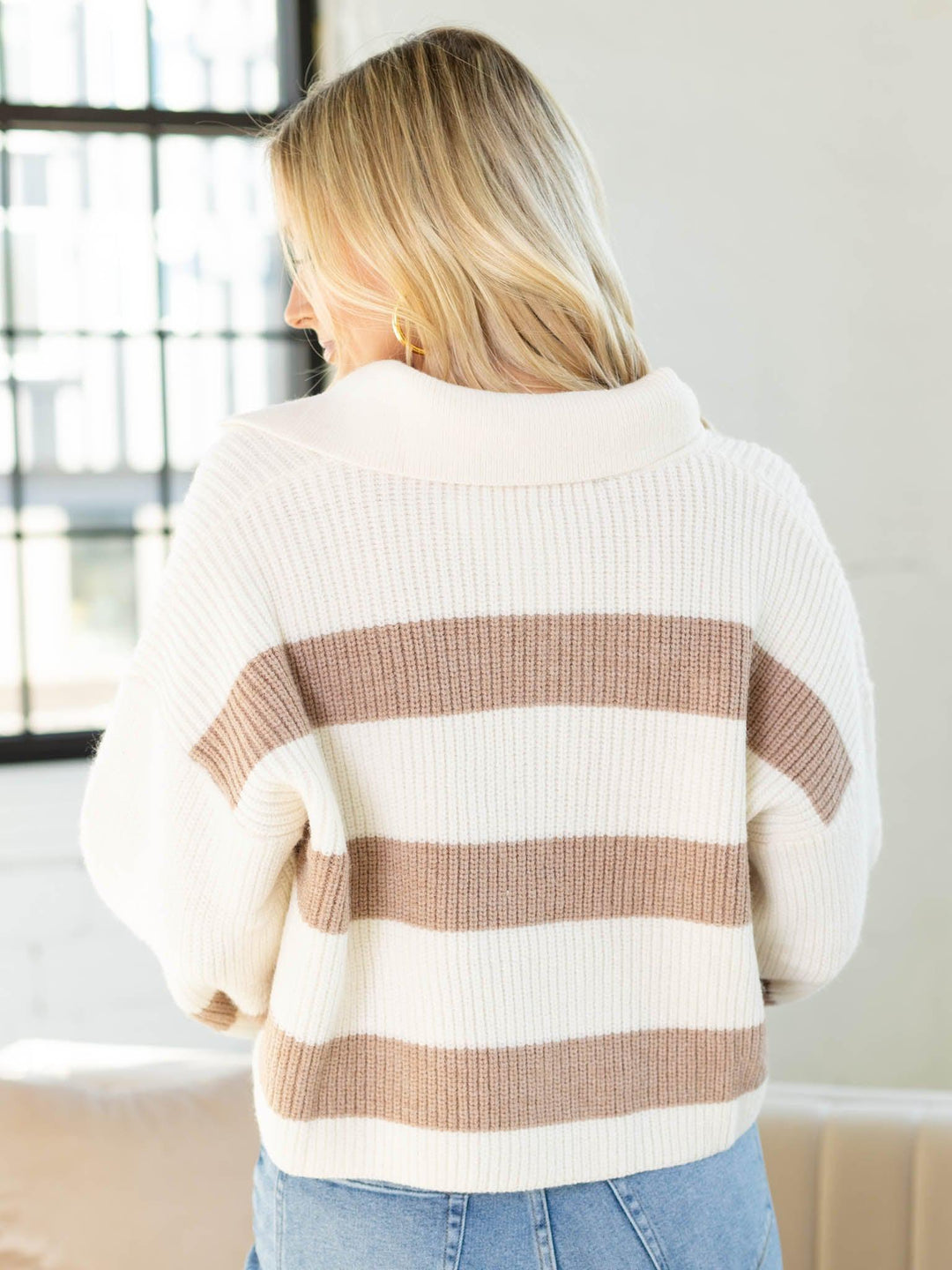 Buttermelon-Stripe Drop Shoulder Wide Collar Sweater - Leela and Lavender