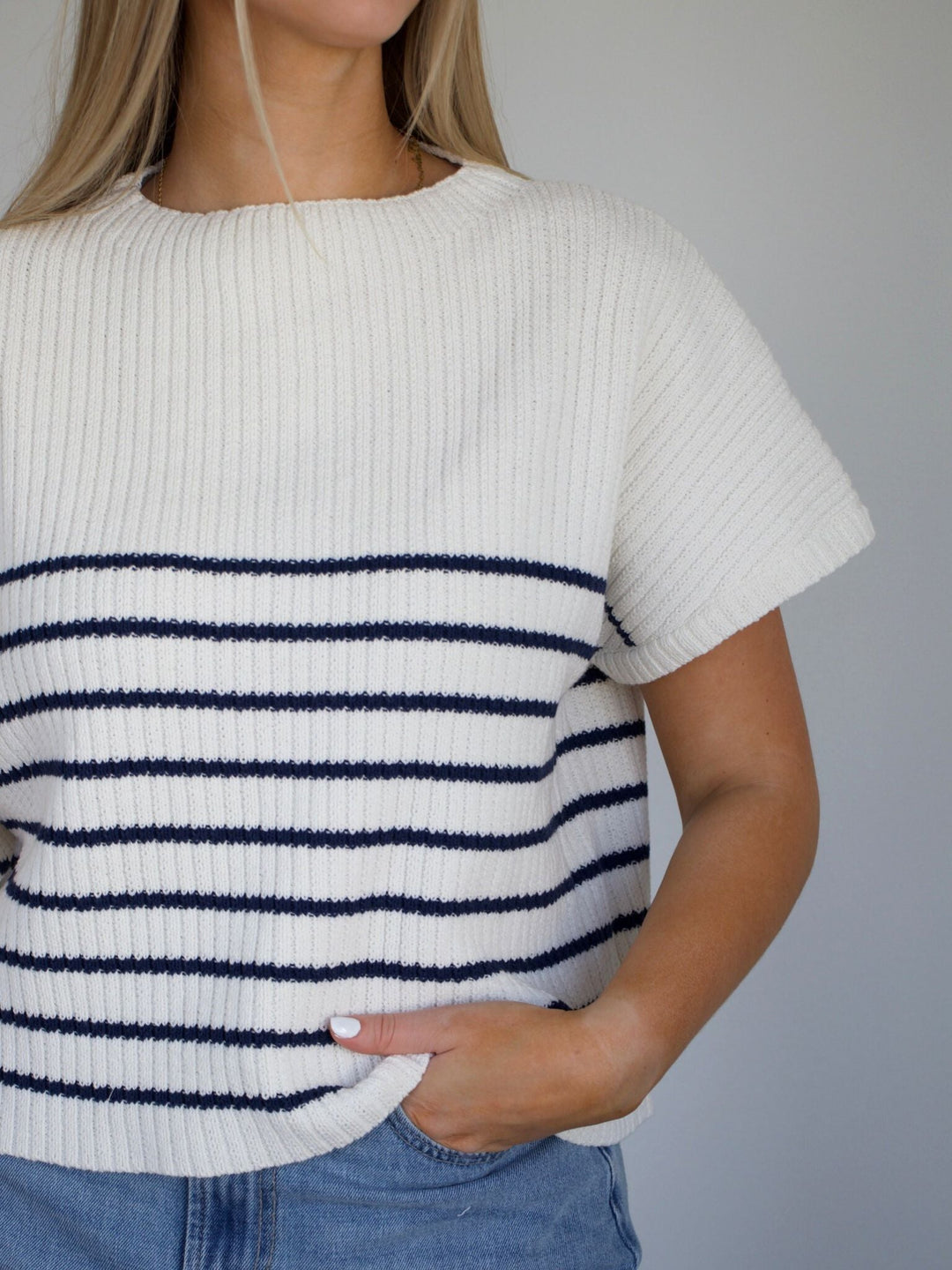 Stripe High Neck Short Sleeve Sweater - Leela and Lavender