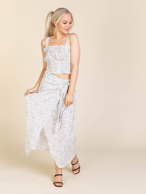 Entro-Texture Printed Smocked Button Front Crop Tank - Leela and Lavender